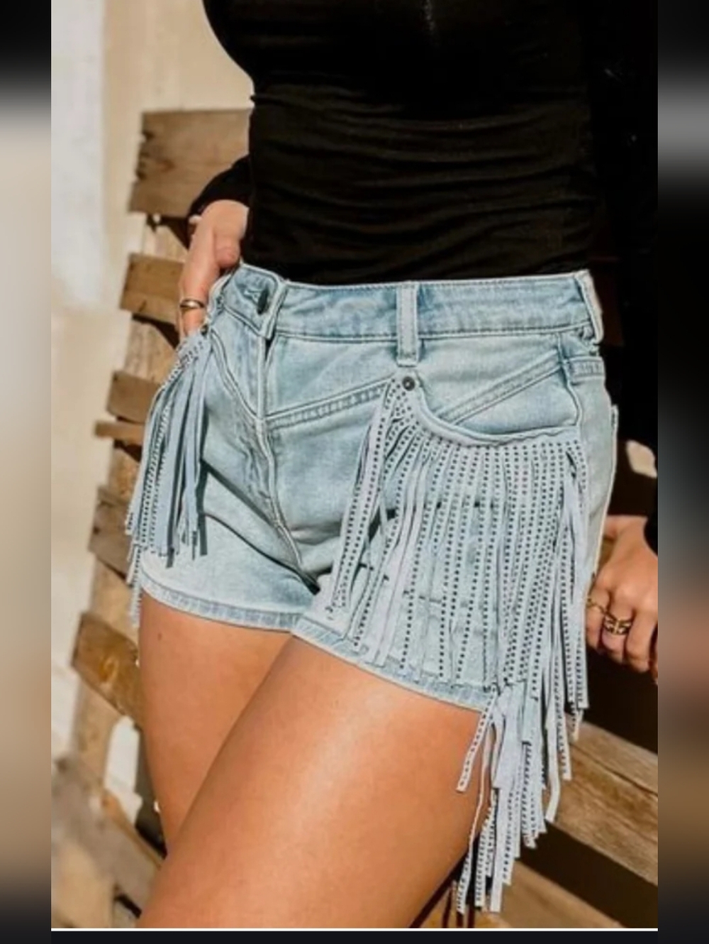 Rock & Roll Denim Fringe Shorts Baby Blue High Rise W 30 Extra Stretch Slimming
